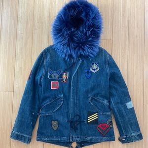 Blue fox fur hooded denim coat